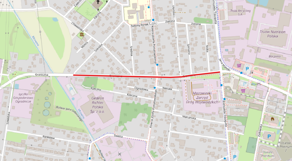 Mapa z zaznaczonym odcinkiem remontowanej drogi - ul. Graniczna